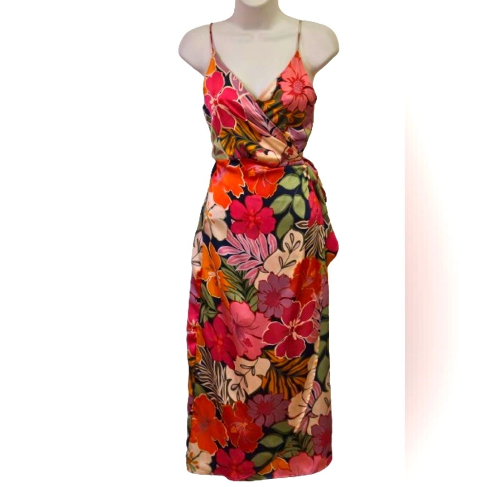 NATIVE CHIC Hot Pink/Green Multi-Color Tropical Satin Wrap Midi Dress, Large